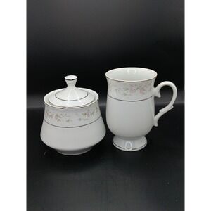 Maria Japan Fine Porcelain China Sugar Bowl and Footed Mug Pink Floral SilverRim